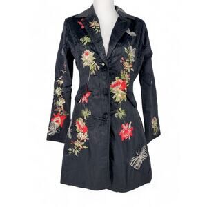 Paparazzi by Biz‎ Black Embroidered Floral Long Coat Boho Chic Statement Jacket